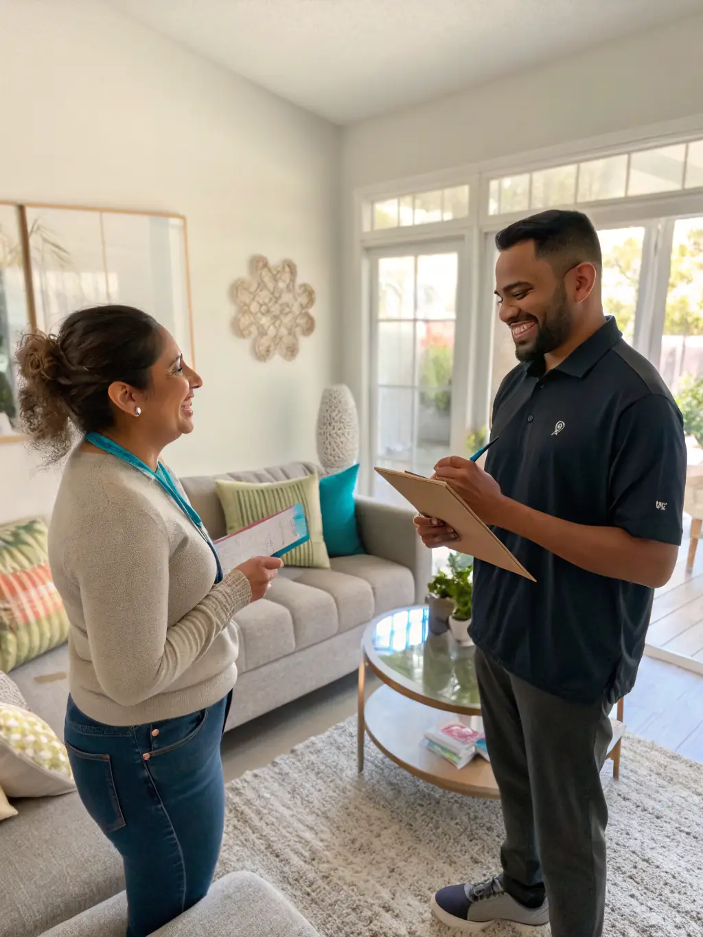 A photo of a SpotOnCleanUp customer happily interacting with a cleaner in their home.