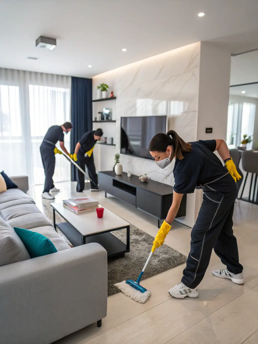 A SpotOnCleanUp team cleaning an empty apartment after tenants have moved out, emphasizing end-of-tenancy cleaning.