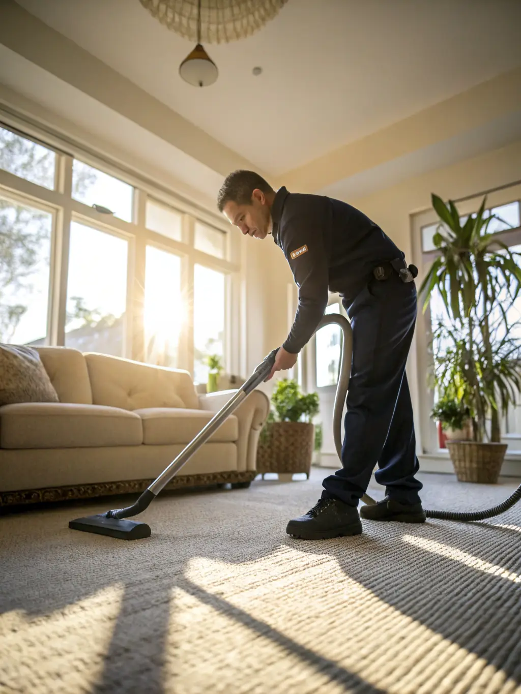 A brightly lit, tidy living room with a SpotOnCleanUp cleaner vacuuming the carpet, showcasing domestic cleaning services.