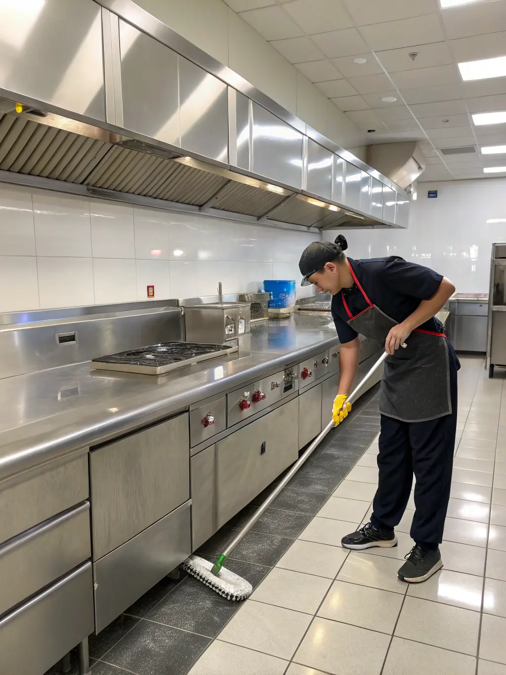 A SpotOnCleanUp cleaner in protective gear thoroughly cleaning a heavily soiled oven in a kitchen, demonstrating deep cleaning capabilities.