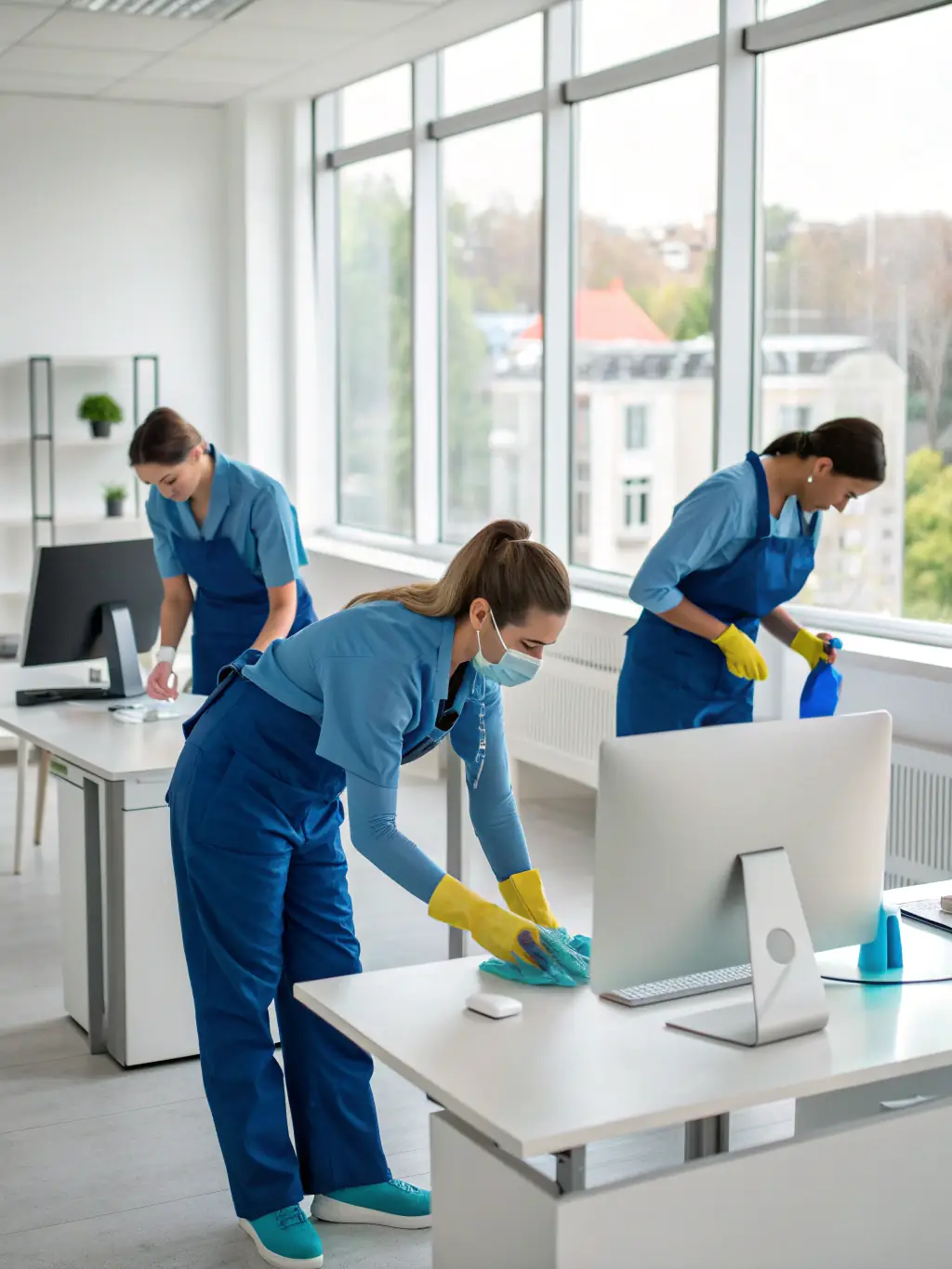 A SpotOnCleanUp team cleaning a modern office space, with employees working in the background, highlighting commercial cleaning services.